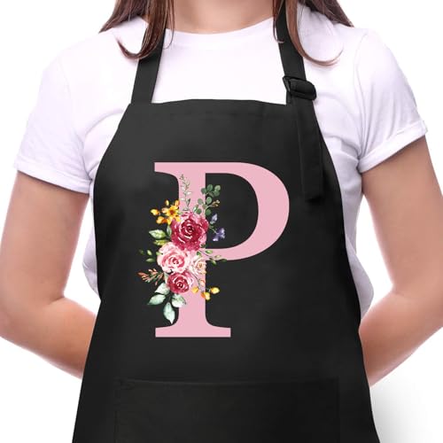 Delantal Cocina Mujer con Inicial y Flores, Delantales Impermeables con Bolsillos, Delantal de Barbacoa Ajustables para Cocina Café Jardinería Hornear, Regalo de Cumpleaños para Mamá Esposa Abuela P
