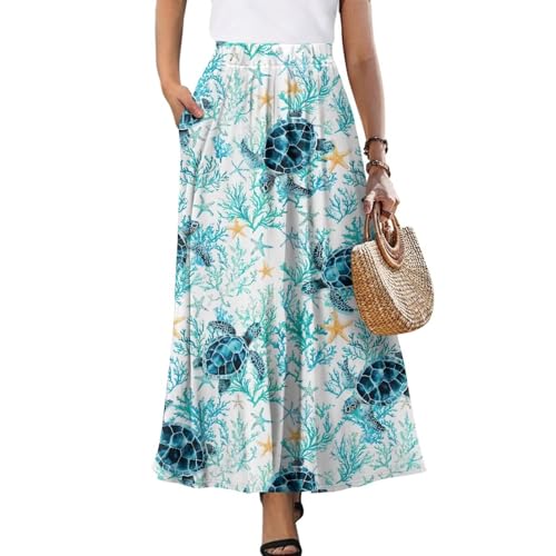 Women's Flowy Beach Long Skirts Summer Pleated High Waisted Casual Long Dress with Pockets