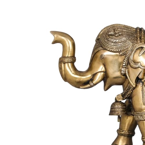 Image of Majestic Pair of Ornate Brass Elephants | Traditional Pure Brass Large Elephant Statue Set | Royal Decorative Showpiece for Home Entrance Lobby Decor | Height 14.5 Inches
