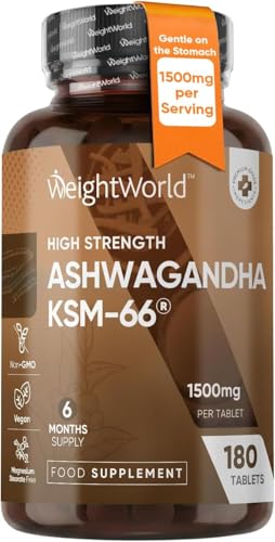 WeightWorld Ashwagandha KSM-66 1500mg - Ashwagandha Root Extract KSM-66 (Withania somnifera 10:1 ratio 5% Withanolides) - Supports Normal Mental Performance - Men & Women - 1 500 mg - 180 Tablets