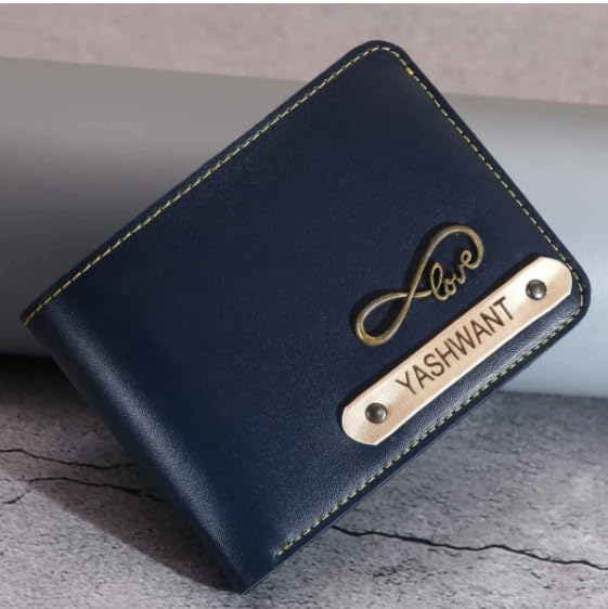 Image of Men's Vegan Leather Personalized Customised Print Wallet with Customized Name | Customizable with Name | Birthday Gift for Him (Navy Blue)