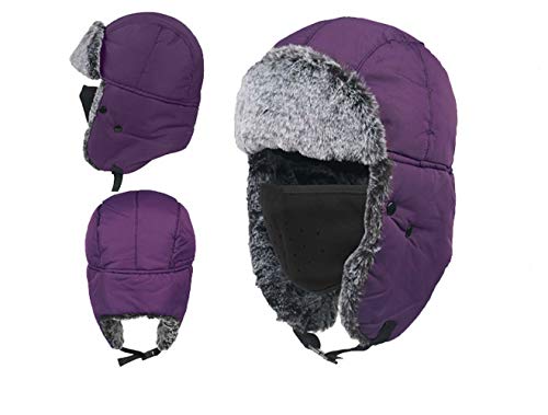 Winter Warm Fur Trapper Hunting Hat Waterproof Ushanka Hunter ski Cap Ear Flaps Mask Men Women Purple