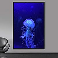 Framed Canvas Wall Art Jellyfish Bedroom Colorful Jellyfish Marine Life Multicolor Neon Photography Tropical - 16x24 inches