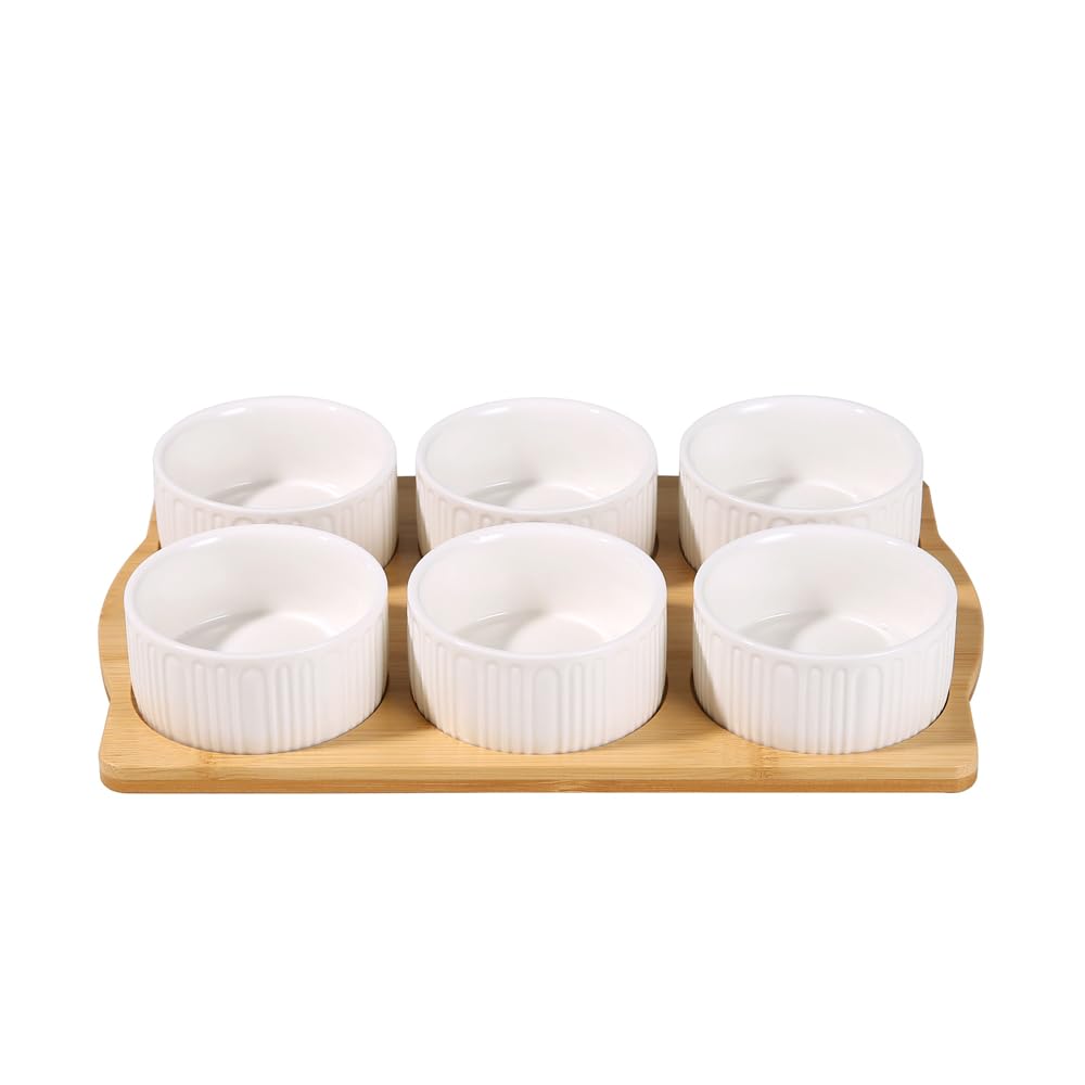 Tanggaogao Ceramic Snack Bowls & Bamboo Serving Tray, 6 × 4oz Ramekins for Creme Brulee, Souffle, Desserts, Dipping Sauces - Party Serving & Food Prep, Microwave & Dishwasher Safe