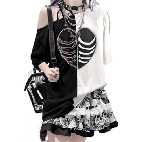 Y2k Goth Stripe Slant Neck Hanging Shoulder T-Shirt Women's Loose