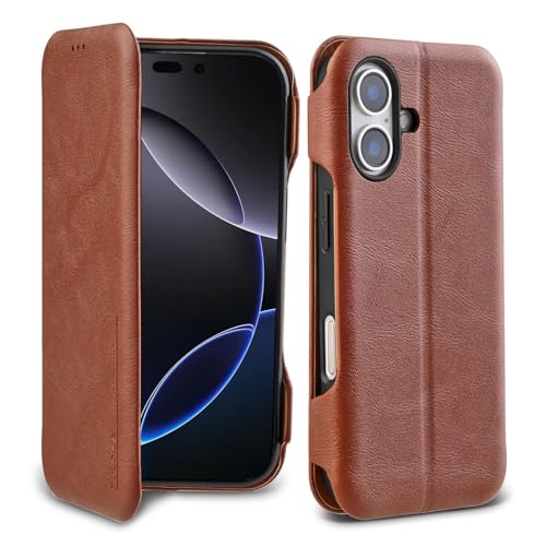 Image of PULOKA - Sleek Flip Case- Compatible for iPhone 16 Plus- Premium Vegan Leather Phone Cover with Card Slot - Slim, Durable, Privacy Protection - Kickstand Function - Elegant Flip Wallet Cases- (Brown)