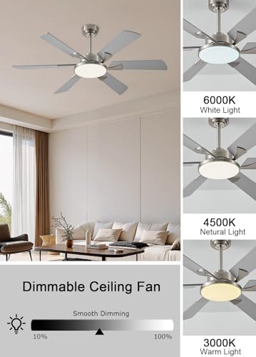 Image of JSAITEE 52 Inch Low Profile Ceiling Fan with Light, Remote & App Control, 3CCT Dimmable,6 Speed 6 Blades Ceiling Fans, Quiet Reversible DC Motor, Modern Nickel Ceiling Fan for Bedroom Living Room