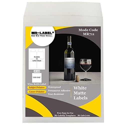 Mr-Label 3.58″x3.62″ White Matte Wine Bottle Label– Self-Adhesive Waterproof Blank Labels for Inkjet & Laser Printer – for Handmade Wine/Wedding (10 Sheets|80 Labels)