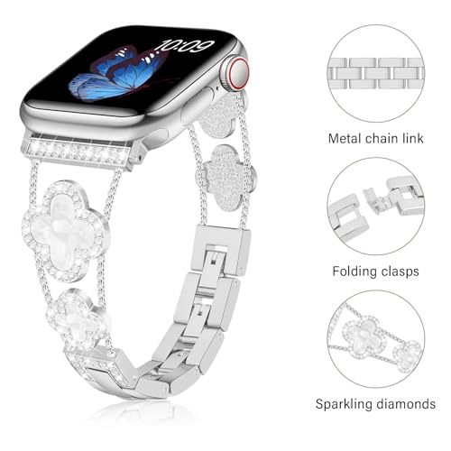 Tasikar Bling Diamond Metal Link Band with Lucky Clover Charm — 38–42mm — view 3