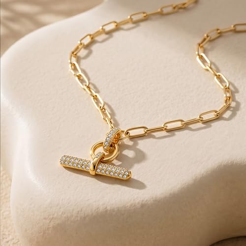 Image of Jeulia 14K Gold Plated Necklaces for Women, Dainty Paperclip Chain Choker T-Bar Layered Stackable Gold Necklace Jewelry Gifts