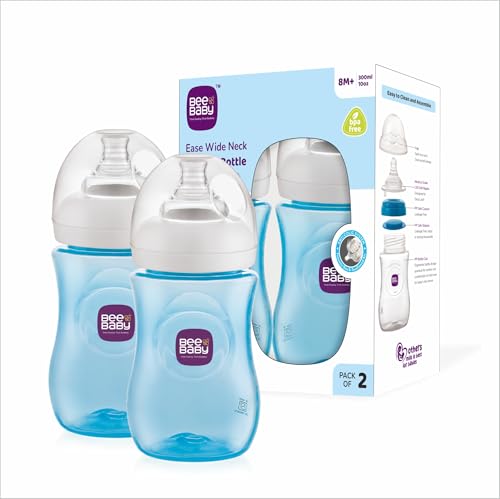 Image of BeeBaby Ease Wide Neck Colour Feeding Bottle 300 ml | BPA Free Easy Latching Baby Milk Bottle for Newborns & Infants | Soft Silicone Anti-Colic Nipple Fast Flow (8 Months +) |Blue, Pack of 2