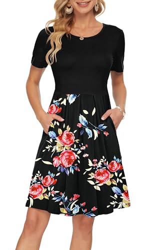AUSELILY Damen Kurzarm Plissee Loose Swing Freizeitkleid mit Taschen Knielang Schwarze Rose Schwarz,36-38