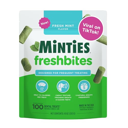 Image of Minties FreshBites Soft and Chewy Dental Treats, Low Calorie Natural Mint Flavored Dental Chews for Dogs, 100 Count, Dog Chews Clean Teeth, Fight Bad Breath, Removes Plaque and Tartar