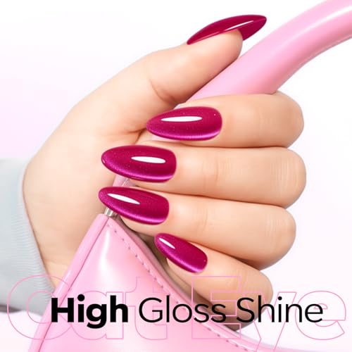 Image of modelones Hot Pink Cat Eye Gel Nail Polish Pink Glitter Holographic Pink Cat Eye Neon Shimmer Reflective Translucent U v Gel Magnetic Nail Polish 15ML