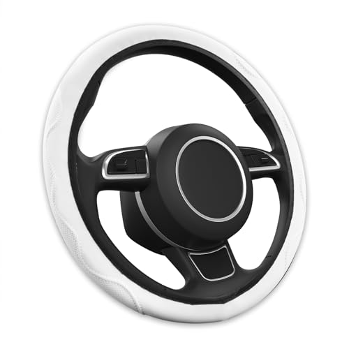 Coprivolante in Pelle, Protettore del Volante Antiscivolo e Traspirante per Donne e Uomini, Universale 15 Pollici (38 cm) Elastico Elegante e Inodore, Accessori Auto per Auto, Camion, SUV (Bianco)