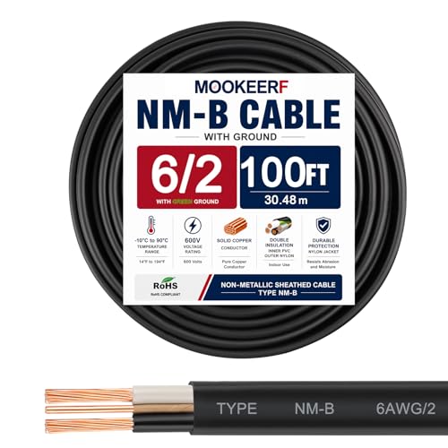Image of 6 /2 Wire with Ground - 100FT 6 Gauge NM-B Non-Metallic Sheathed Cable 100% Pure Copper 6 AWG 2 Conductor Residential Indoor Wire for Outlets, Switches, Other Loads and Lighting Wiring Projects etc.