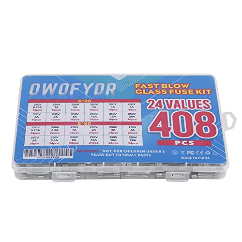 Owofydr 24 Value 408Pcs Fast-Blow Glass Fuse Assortment Kit 250V 5×20Mm 0.25 0.5 1 2 3 4 5 6.3 8 10 15 20A 6×30Mm 0.75 1 2 3 4 5 6 7 8 10 15 20A In A Plastic Box #TOP2