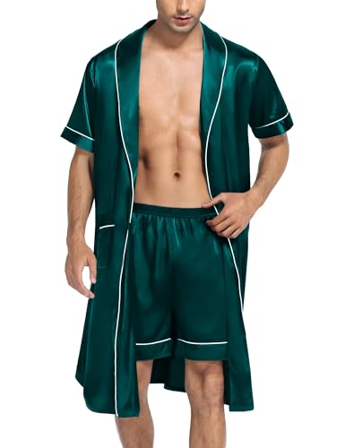SWOMOG Men's Satin Robe with Shorts Set Silky Short Sleeve Kimono Bathrobe Lightweight Soft Sleepwear4