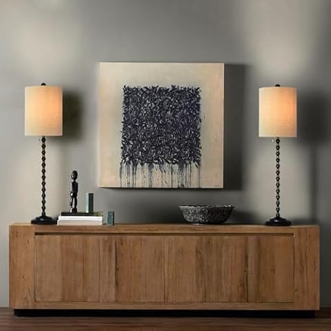 Lampworks Rustic/Farmhouse/Country Living Console/Buffet Table Lamp Set of 2 for Entry or Dining Room, Black Elegant Tall Table Lamps with Linen Shade Cover