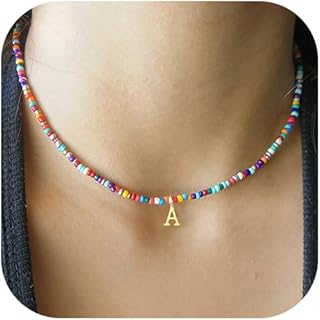 Colorful Beaded Initial Necklaces Letter Necklace Choker Bohemian Necklace Boho 3MM Beads Choker Dainty Necklace