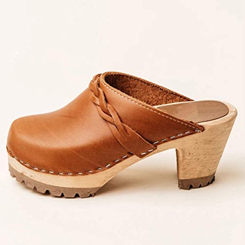 PiePieBuy Womens Clog Heeled Sandals Wooden Ankle Strap Buckle Mules Closed Toe Slingback Walking Shoes Brown - Thumbnail 3