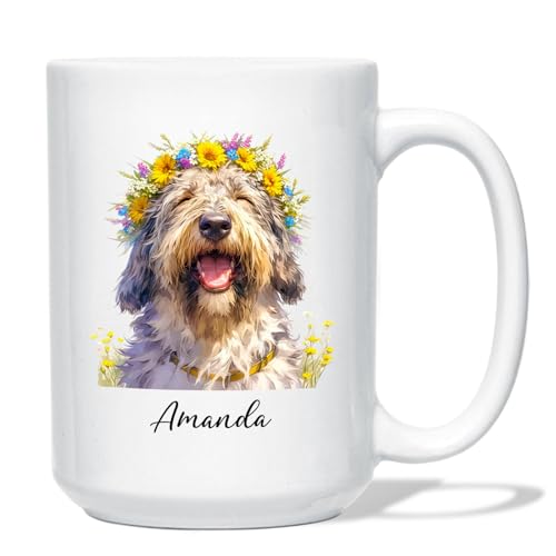 Custom Irish Wolfhound Flower Pottery Cup, Irish Wolfhound Coffee Mug from Friend Coworker, Personalized Irish Wolfhound Owner Gift, Dog Ceramic Mug, Customized Name Dog Cup 11oz 15oz, White Mugs