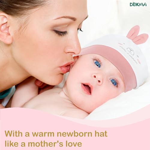 DOKMA Organic Cotton Baby Mittens and Caps Set with Adorable Bunny Design for Newborn 0-6 Months, No Scratch, Ultra Soft, Lovely Pink3