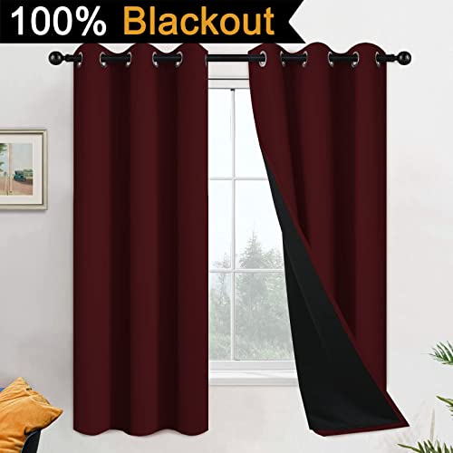Image of Yakamok Burgundy Red Blackout Curtains 63 Inches Long for Bedroom 42 inch Wide | Blackout Curtain Panels for Bedroom, 2 Thick Layers Grommet Top Thermal Insulated Drapes with Black Liner for Living Room