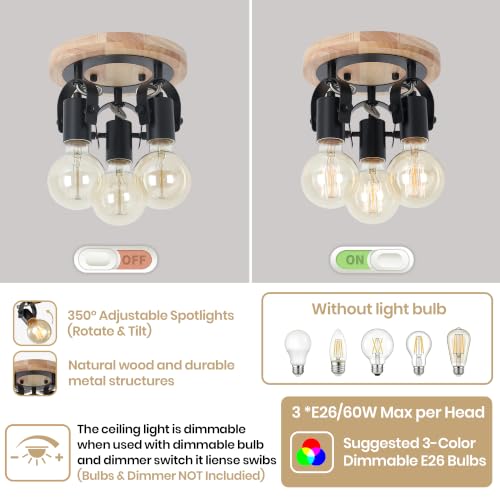 Image of Farmhouse Flush Mount Ceiling Light with Natural Wood Base, Industrial Black Metal Semi Flush Mount Light Fixture, E26 Socket, Rustic Close to Ceiling Lamp for Hallway Entryway Kitchen Bedroom