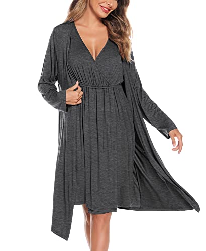 Image of SWOMOG Women Maternity Nursing Gown and Robe Set 3 in 1 Labor Delivery Nursing Nightgown for Breastfeeding Hospital Bathrobe