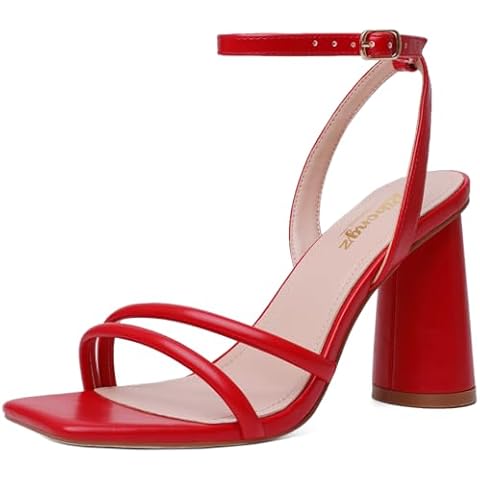 RIBONGZ Red Strappy High Heels for Women Heeled Sandals Square Open Toe Ankle Strap Chunky Wedding Bridal Prom Shoes Block High Heels for Party Dress 9 Cover