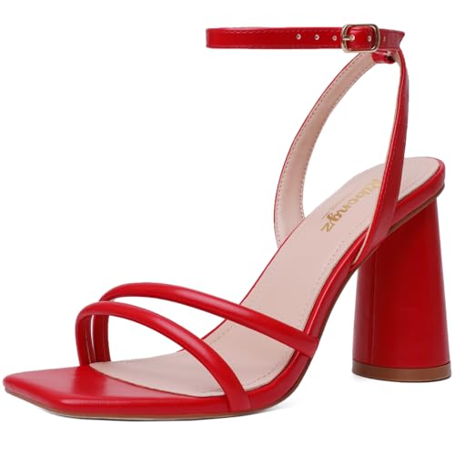 Image of RIBONGZ Block Heels Prom Heeled Sandals for Women Chunky Square Open Toe Strappy High Heels Ankle Strap Wedding Bridal Shoes High Heel Sandals for Party Dress