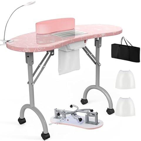 WELLHUT Nail Tech Table Vented Manicure Table w/LED Lamp, Dust Collector, Carry Bag & Soft Cushion, Portable Nail Tables w/Universal Mute Wheels for Nail Lovers Home Spa Beauty Salon Cover
