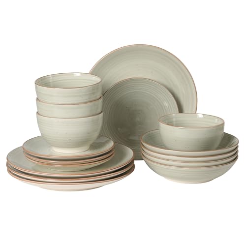 Image of Gibson Home Stonebury 16 Piece Plates and Bowls Cream Grey Dishes - Handpainted Stoneware Dinnerware Set - Service for 4