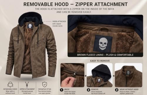 Image of Blaq Ash Men's Faux Suede Biker Jacket with Removable Hood | Fleece Lined, Zip Closure, Black