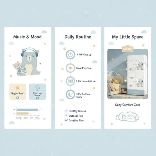 Image of Strassis Design 4-Door Plastic Wardrobe for Kids| Almirah and Wardrobe for Baby Clothes| Modular Storage Cabinet with Wheel Organizer for Cupboard Rack for Clothes /Shoes /Books /Toy (Music Bear)