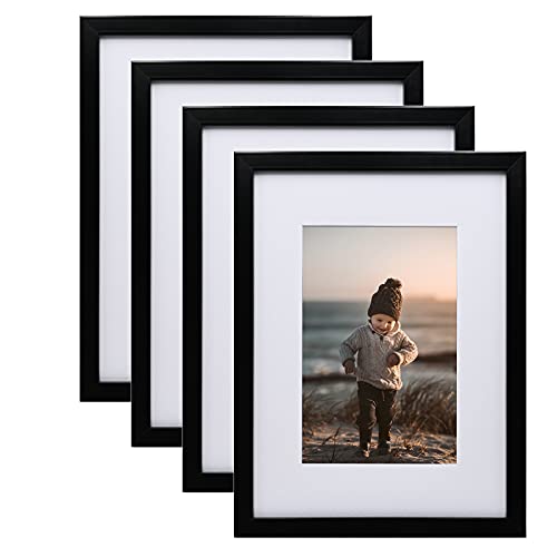 KINLINK A4 Picture Frames Black, Photo Frames with Real Glass for Picture A4 without Mat, Composite Wood Picture Frames for Table Top and Wall Mounting, Set of 4