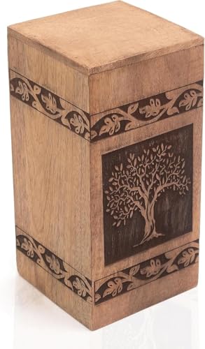 Hand Engraved Wooden Urn Box for Human Ashes Funeral Cremation Burial Casket Keepsake Ash Scatter Box Male Female Adult Tree of Life Decor Lifelong Memorial Columbarium 5 x 5 x 10 Inches
