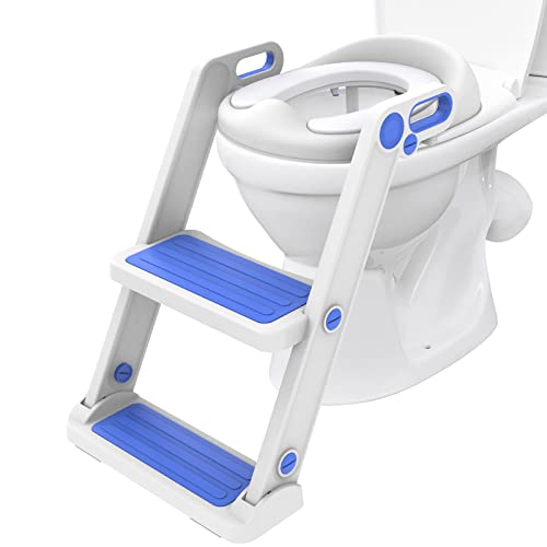 Image of Victostar Potty Training Seat with Step Stool Ladder, Foldable Potty Training Toilet for Kids Boys Girls Toddlers-Comfortable Cushion Safe Handle Anti-Slip Pads Blue white