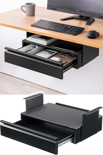 サンワダイレクト デスク下 後付け引き出し 2段収納 木ネジ固定 幅45cm A4対応 スチール製 机の下 引き出し 後付け ブラック 100-KB021BK