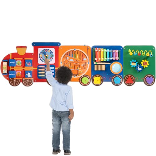 Image of Train Activity Wall Busy Board Panels | 11-in-1 Wooden Sensory Wall Panel for Kids, Toddler Montessori Learning Activity Center, Perfect for Toddler Playroom Nursery Classroom Dentist Waiting Room