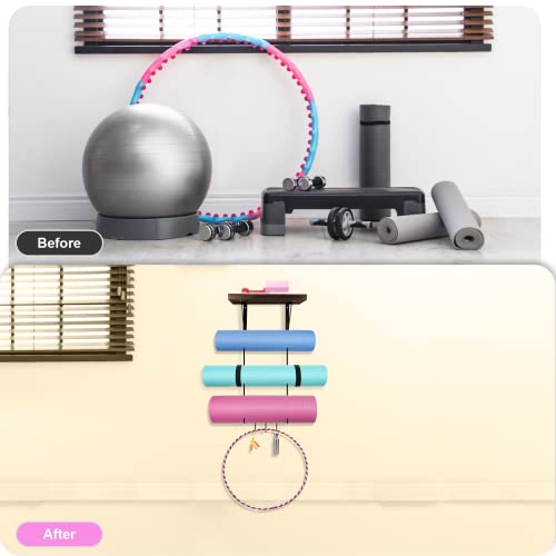 Yoga Mat Holder Wall Mount, Yoga Mat Storage With Wood Floating Shelf, Home Gym Accessories, Metal Home Gym Storage Organizer For Hanging Foam Roller, Yoga Strap, Resistance Bands (Light Brown) (Dark Brown) #TOP3