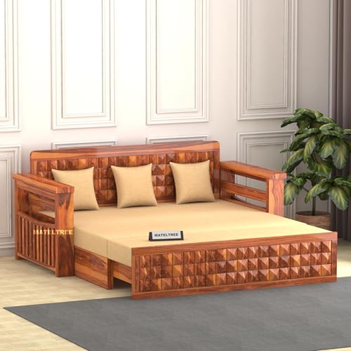 Image of Sheesham Wooden Sofa Cum Bed for Living Room with Side Pocket Storage - 3 Seater Sofa Cum Bed with Storage - 3 Person Sofa Cum Bed Wooden with Premium Cushion Seating (Honey F)