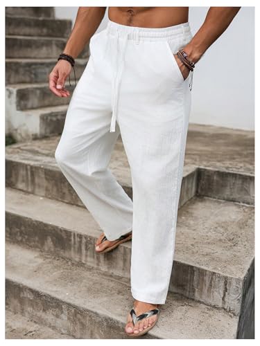 Men's Straight Wide Leg Casual Linen Pants Drawstring Waist Vacation Boho Trousers with Pockets2