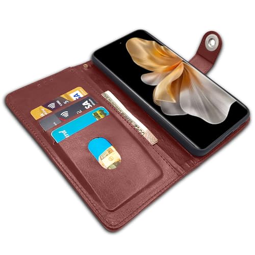 Image of Pikkme Vivo V30 Pro 5G Flip Cover Leather Finish | Inside TPU with Card Pockets | Wallet Stand and Shock Proof | Complete Protection Button Flip Case (Brown)