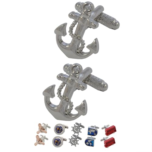 Scatola regalo inclusa. COLLAR AND CUFFS LONDON Gemelli Camicia Uomo Nautico - con Scatola - Ancoraggio della Nave - Nautico - Ancora - Ottone - Argento Colorato - Timone Barca Marinaio Yacht - Un Paio