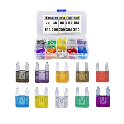 100 unidades de fusibles para automóvil tipo mini (cuchilla), 2 A, 3 A, 5 A, 7.5 A, 10 A, 15 A, 20 A, 25 A, 30 A y 35 A, en caja de almacenamiento miniatura 1