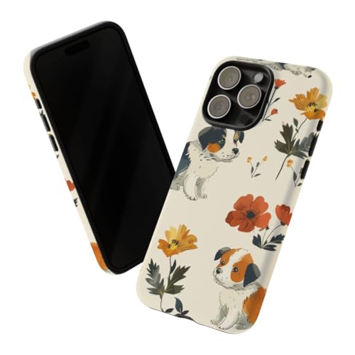 Coque iPhone 15 Pro Max rigide mate anti-rayures style chiot et fleurs - 2