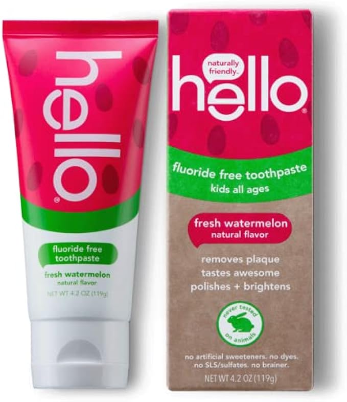 Hello Natural Watermelon Flavor Kids Fluoride Free Toothpaste, Vegan, SLS Free, Gluten Free, Safe to Swallow for Baby and Toddlers, 4.2 Ounce