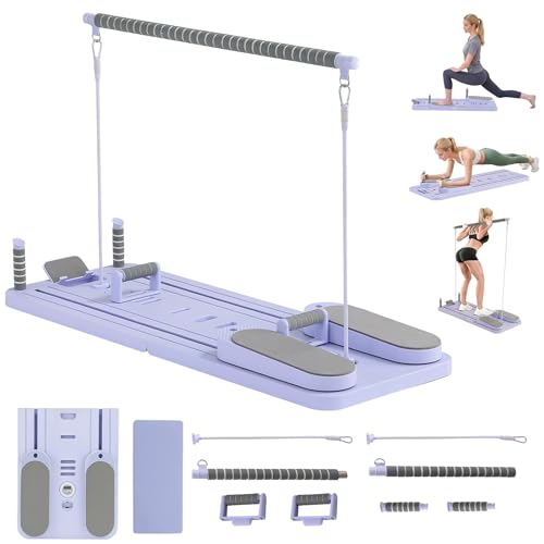 Portable Pilates Reformer Board for Home Use, Multifunctional Fitness Equipment with Digital Counter, Non-Slip Foot Pads, Adjustable Height Resistance Bar for Core & Leg Training, Light Purple